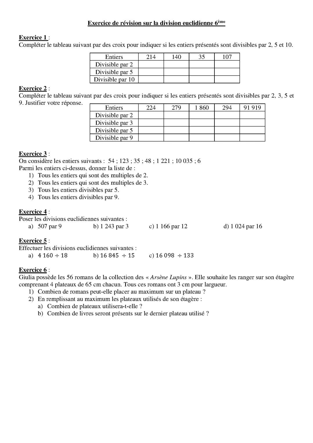 Évaluation 6ème division euclidienne