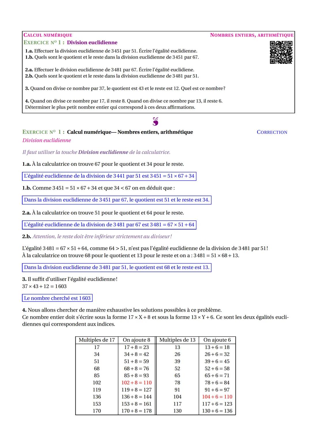 # NOMBRES ENTIERS, ARITHMÉTIQUE
CALCUL NUMÉRIQUE
EXERCICE N° 1: Division euclidienne
1.a. Effectuer la division euclidienne de 3451 par 51.