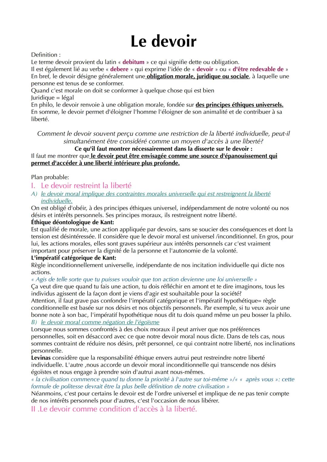 Definition:
Le devoir
Le terme devoir provient du latin « debitum >> ce qui signifie dette ou obligation.
Il est également lié au verbe « de