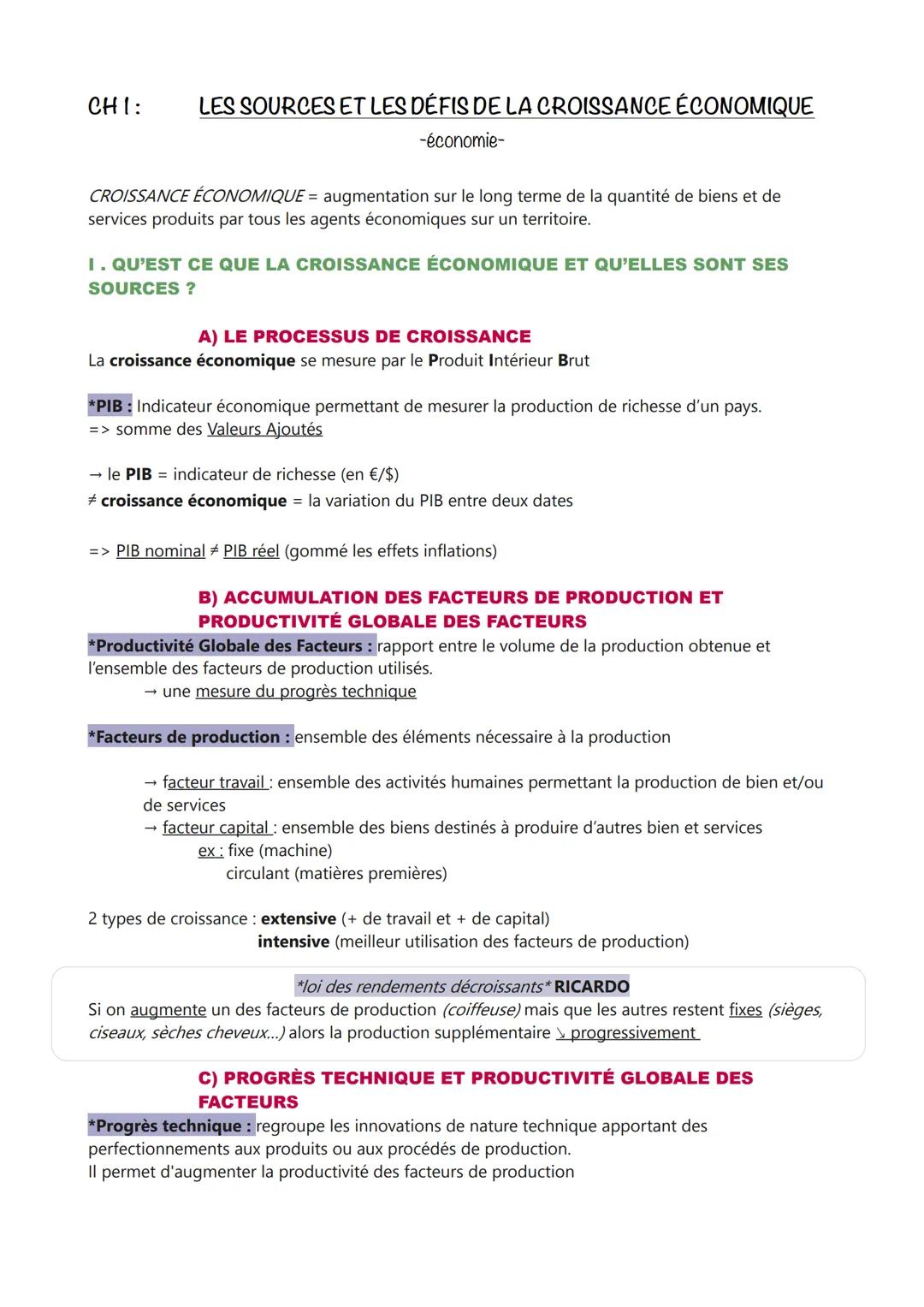 CHI:
LES SOURCES ET LES DÉFIS DE LA CROISSANCE ÉCONOMIQUE
-économie-
CROISSANCE ÉCONOMIQUE = augmentation sur le long terme de la quantité