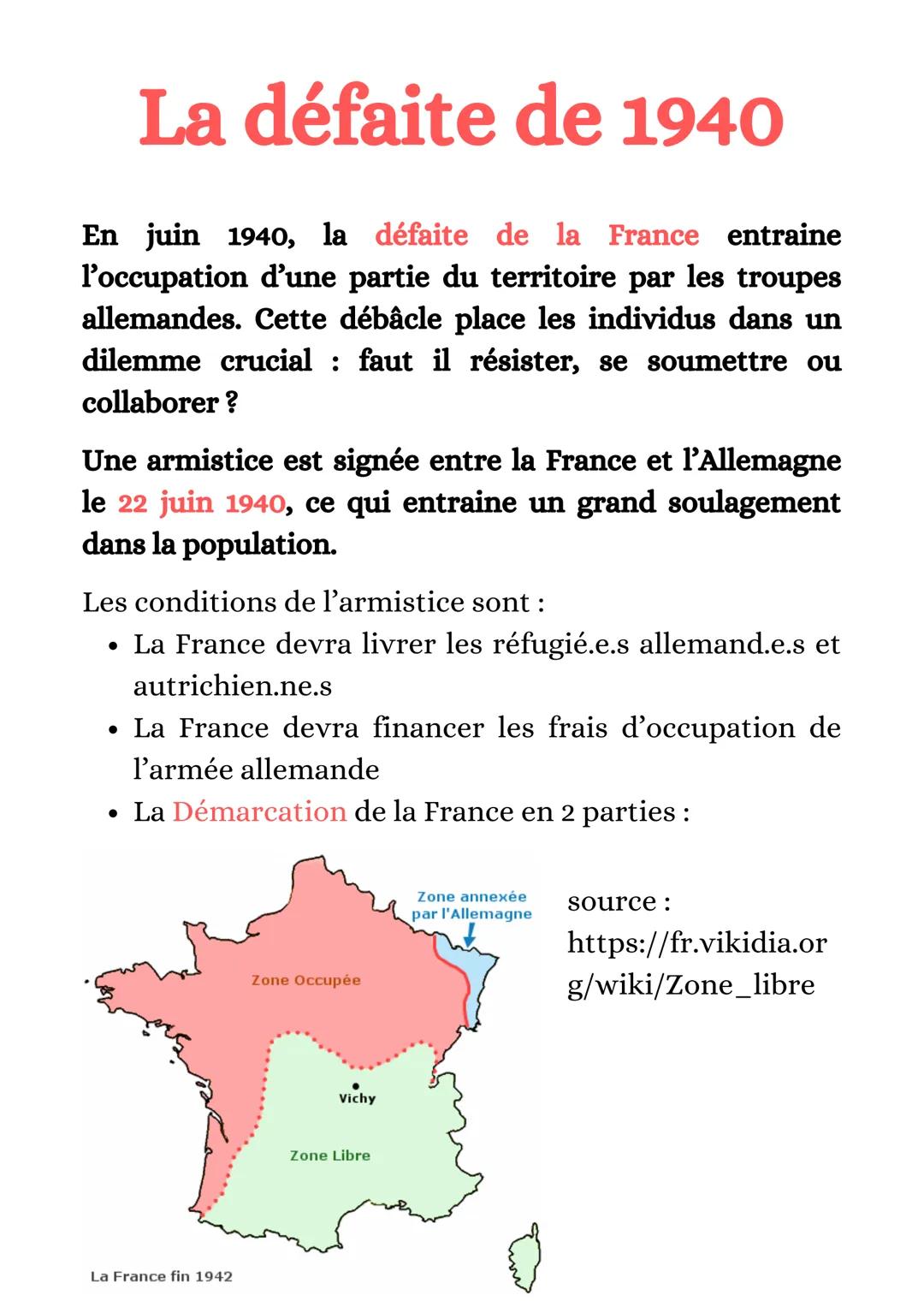 # La défaite de 1940
En juin 1940, la défaite de la France entraine
l'occupation d'une partie du territoire par les troupes
allemandes. Cet