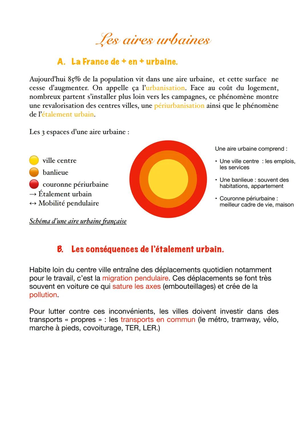 Les aires urbaines
A. La France de + en + urbaine.
Aujourd'hui 85% de la population vit dans une aire urbaine, et cette surface ne
cesse d'a