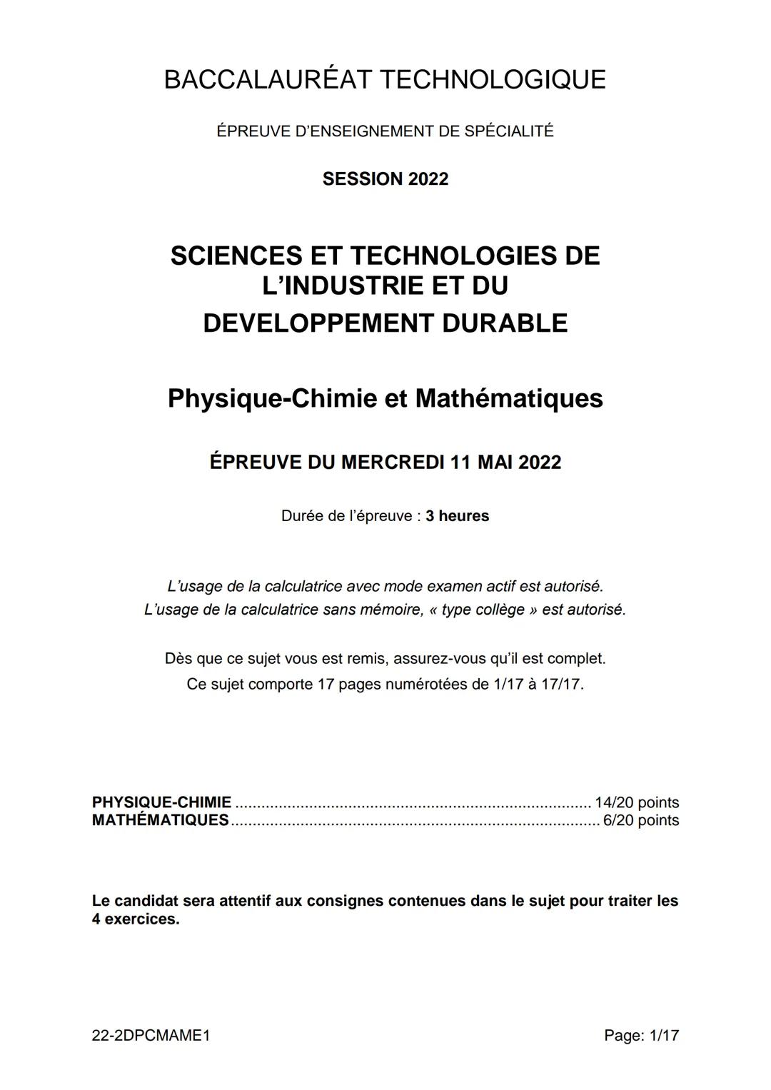 # BACCALAURÉAT TECHNOLOGIQUE
ÉPREUVE D'ENSEIGNEMENT DE SPÉCIALITÉ
SESSION 2022
SCIENCES ET TECHNOLOGIES DE
L'INDUSTRIE ET DU
DEVELOPPEMEN