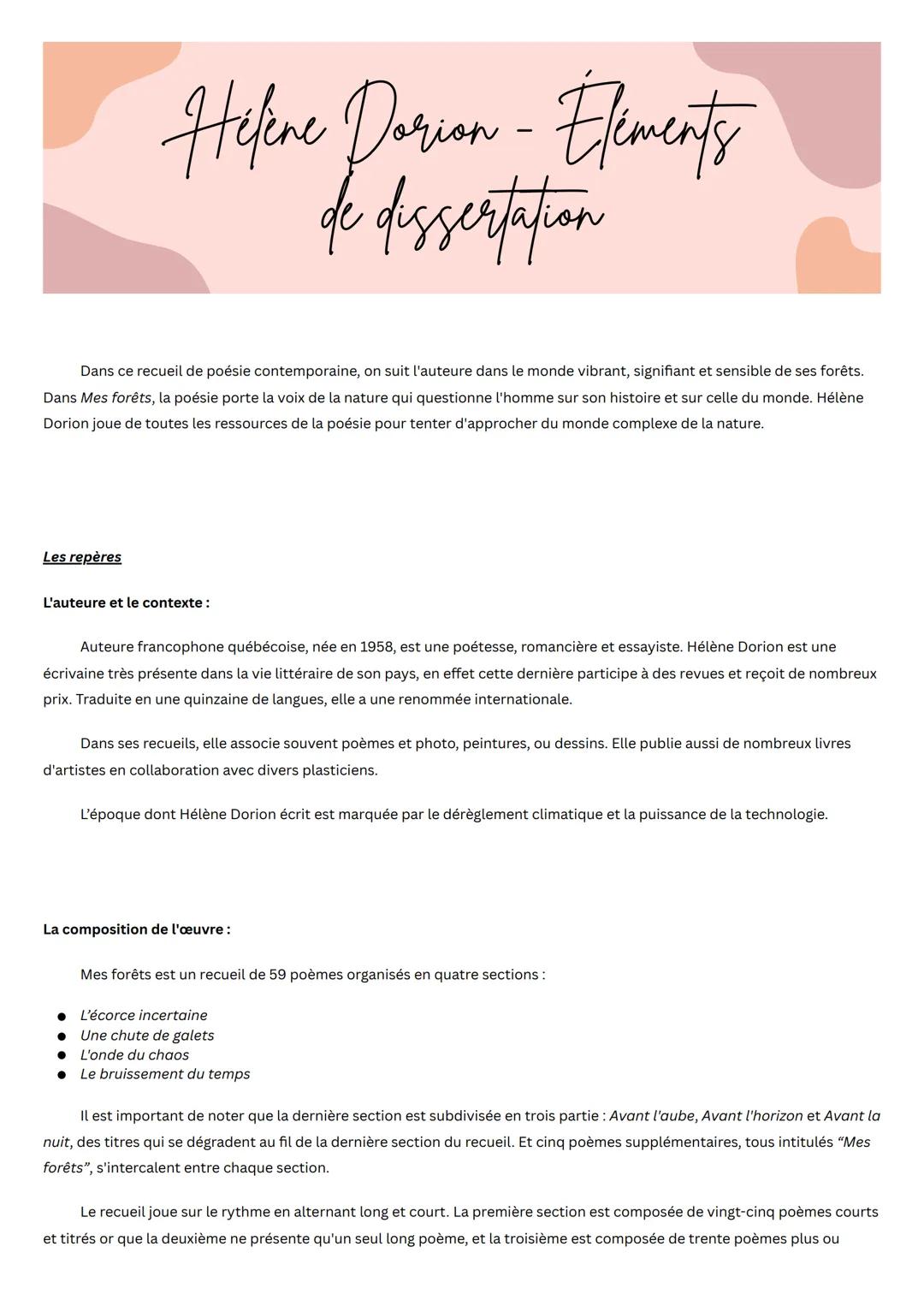 # Helene Dorion - Elements
de dissertation
Dans ce recueil de poésie contemporaine, on suit l'auteure dans le monde vibrant, signifiant et