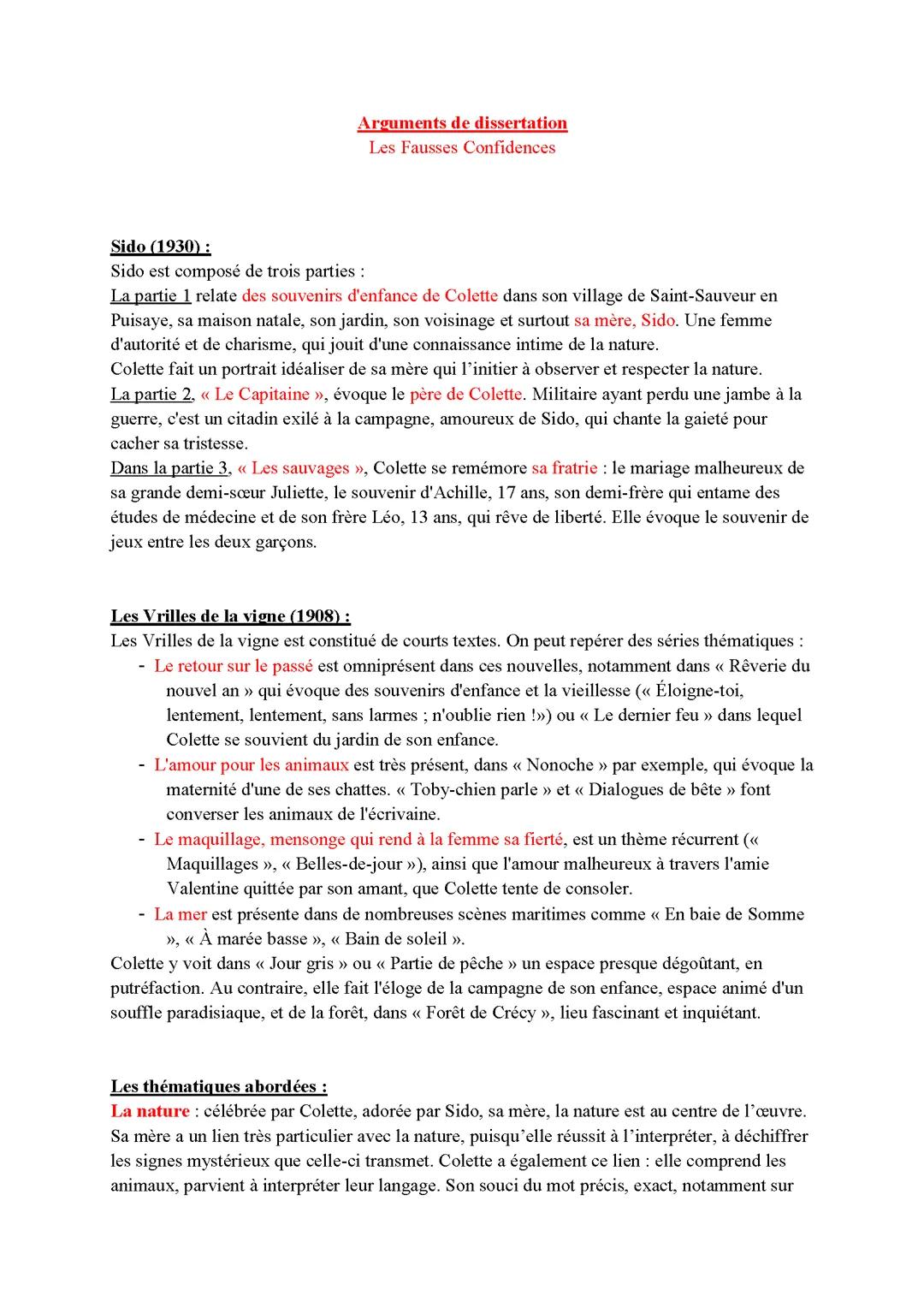 Arguments de Disertation: Sido et Les Vrilles de la vigne