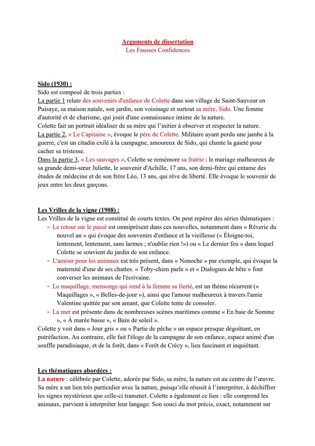 Sido (1930):
Arguments de dissertation
Les Fausses Confidences
Sido est composé de trois parties :
La partie 1 relate des souvenirs d'enfanc
