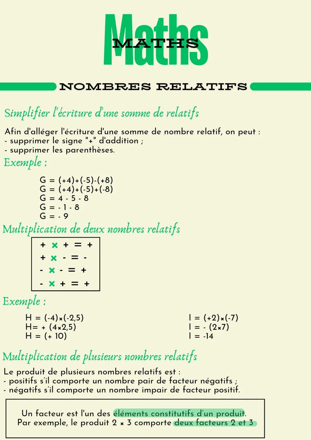 Maths
NOMBRES RELATIFS
Additionner deux nombres relatifs de même signes
Pour additionner deux nombres relatifs de même signe :
- on addition