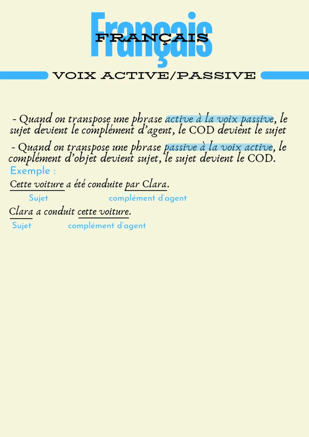 # FRANÇAIS ÇAIS
VOIX ACTIVE/PASSIVE
1. Voix active/passive
- Le verbe est à la voix active, si le sujet fait l'action
exprimée par le verb