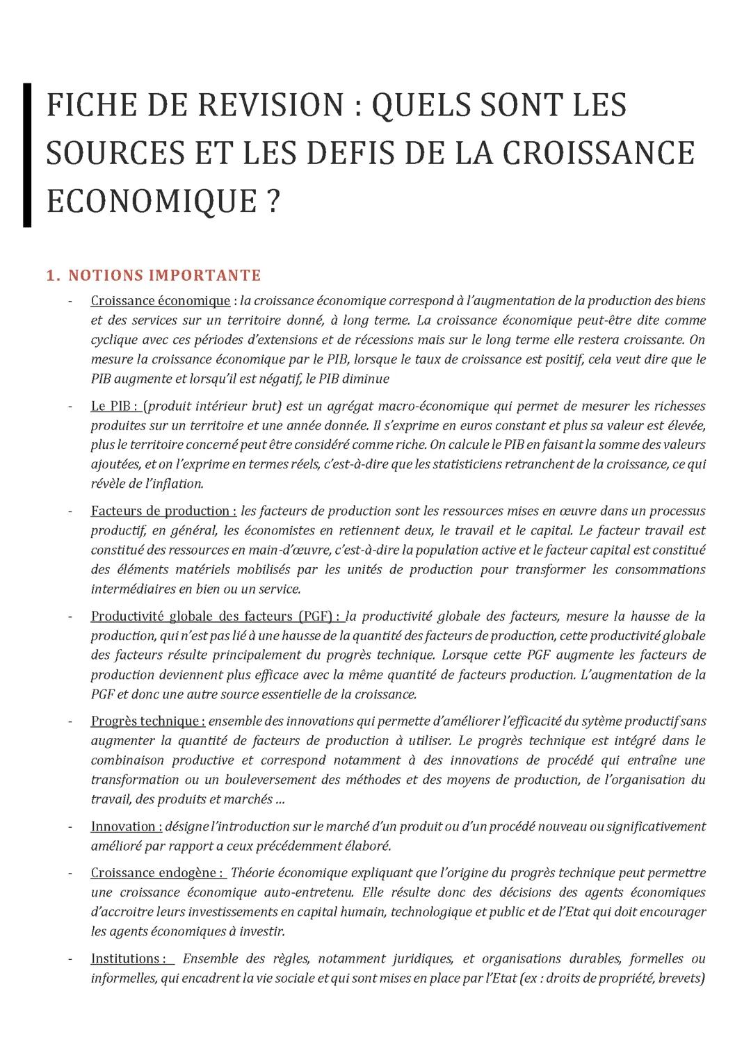 Fiche de révisons croissance économique