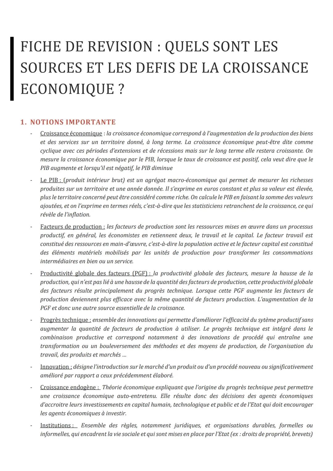 FICHE DE REVISION: QUELS SONT LES
SOURCES ET LES DEFIS DE LA CROISSANCE
ECONOMIQUE ?
1. NOTIONS IMPORTANTE
Croissance économique : la croiss