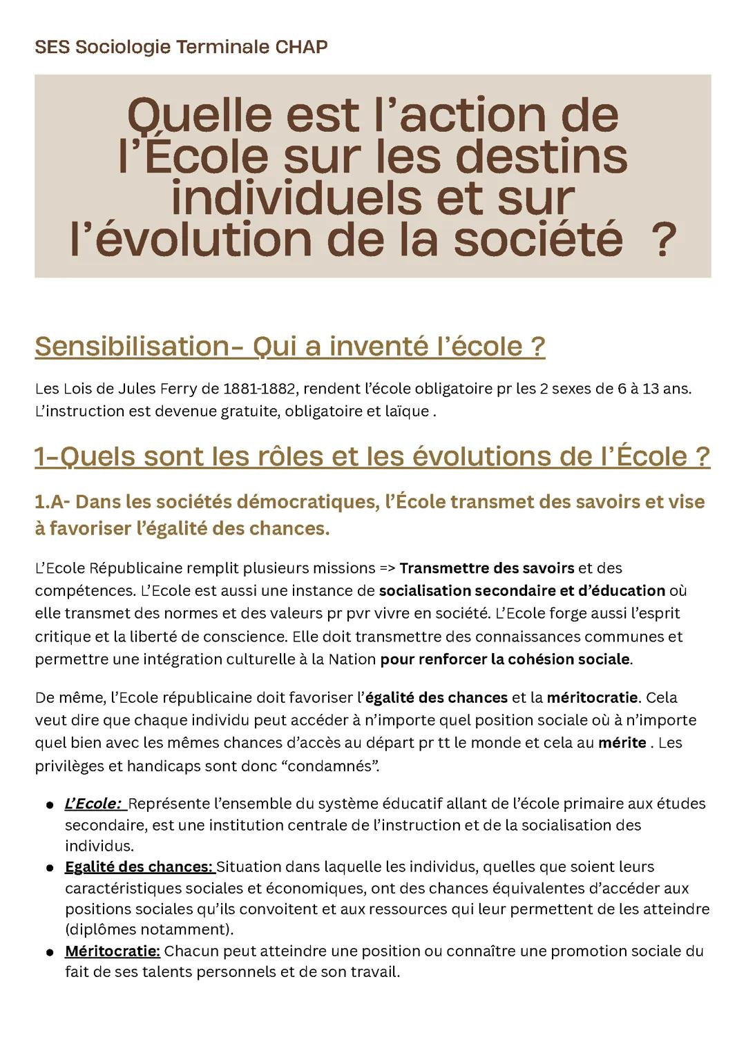 Quelle est l’action de l’école sur les destins individuels et sur l’évolution de la société ?
