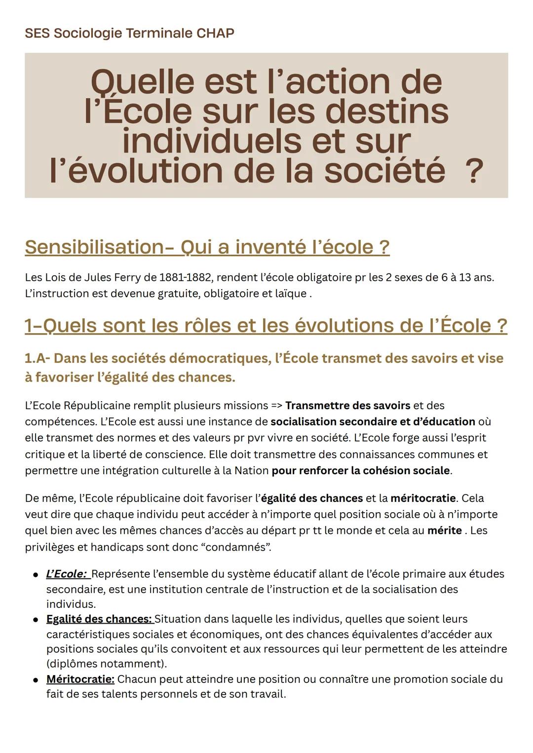 SES Sociologie Terminale CHAP
Quelle est l'action de
I'Ecole sur les destins
individuels et sur
l'évolution de la société ?
Sensibilisation-