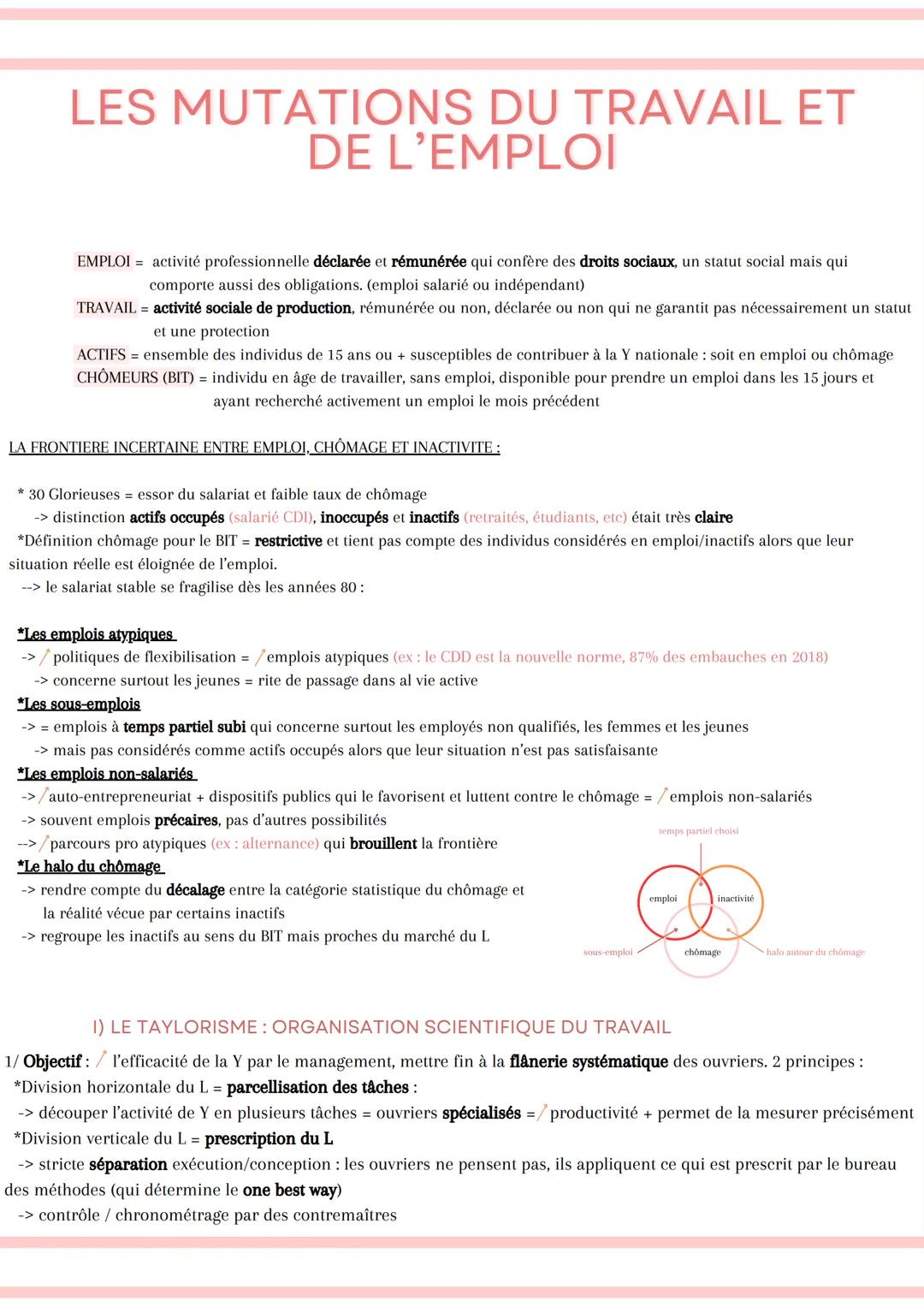 LES MUTATIONS DU TRAVAIL ET
DE L'EMPLOI
EMPLOI = activité professionnelle déclarée et rémunérée qui confère des droits sociaux, un statut so