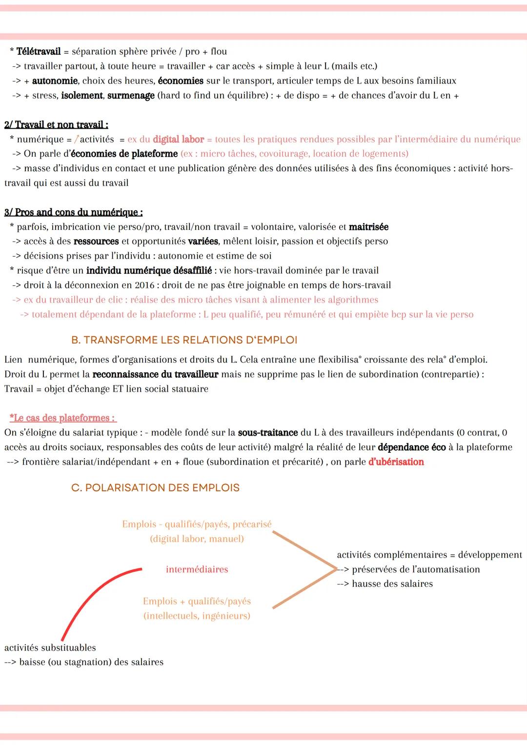 LES MUTATIONS DU TRAVAIL ET
DE L'EMPLOI
EMPLOI = activité professionnelle déclarée et rémunérée qui confère des droits sociaux, un statut so