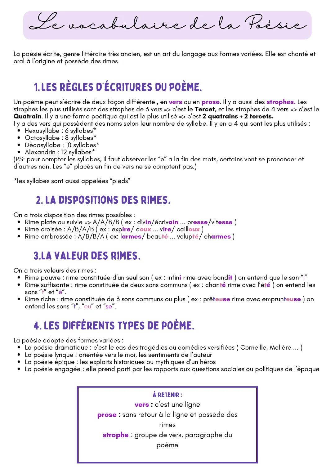 Fiche sur le vocabulaire de la poésie