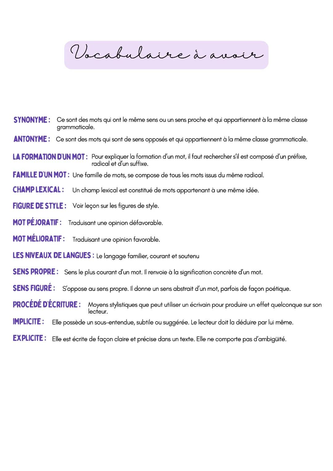 Fiche sur le vocabulaire à avoir ( la base en français )