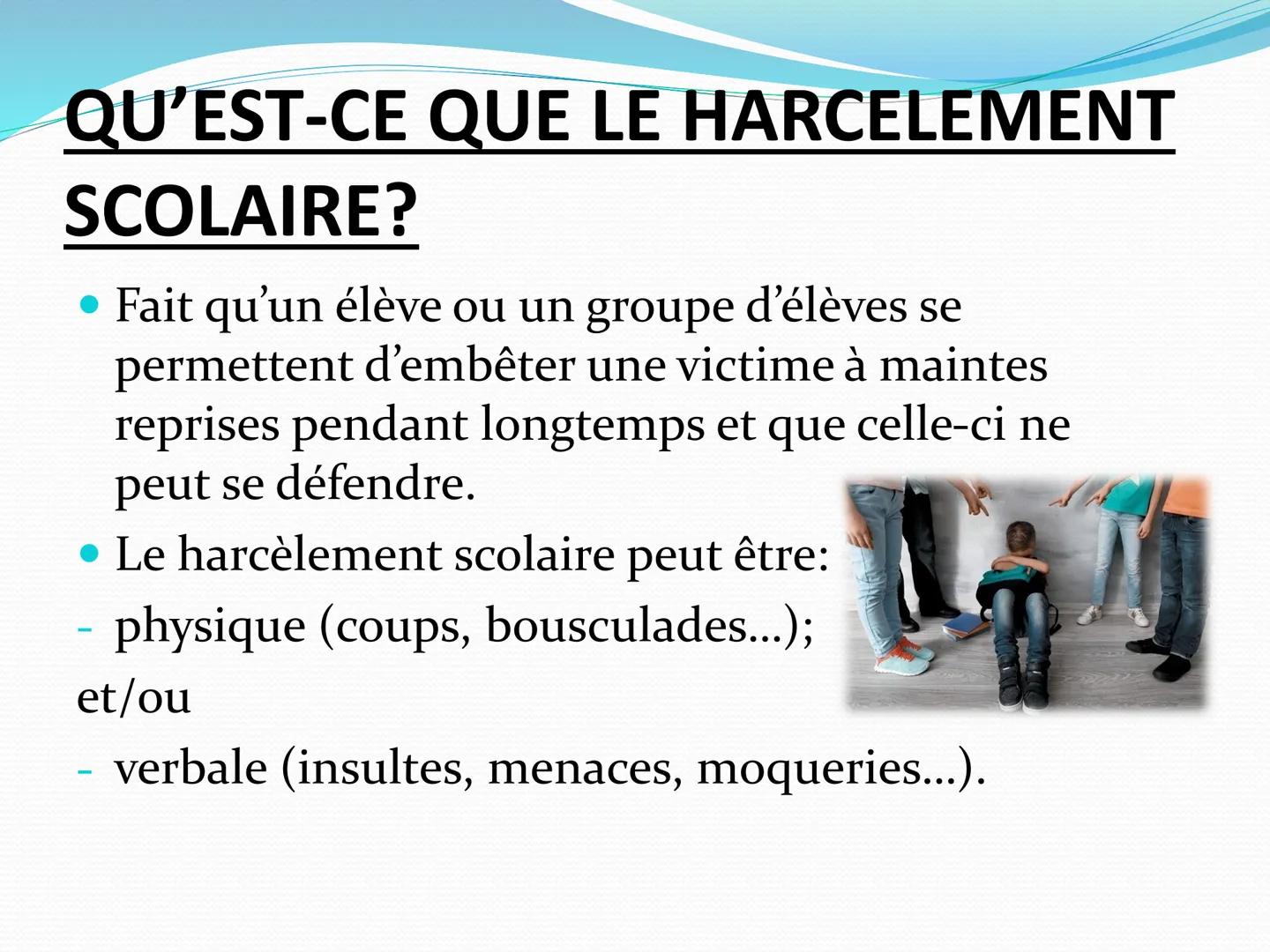 D
LE HARCÈLMENT SCOLAIRE
Par Aly Abdallah, classe de 3ème A. SOMMAIRE
Pourquoi avoir choisi ce sujet?
⚫ Définition du harcèlement scolaire
•