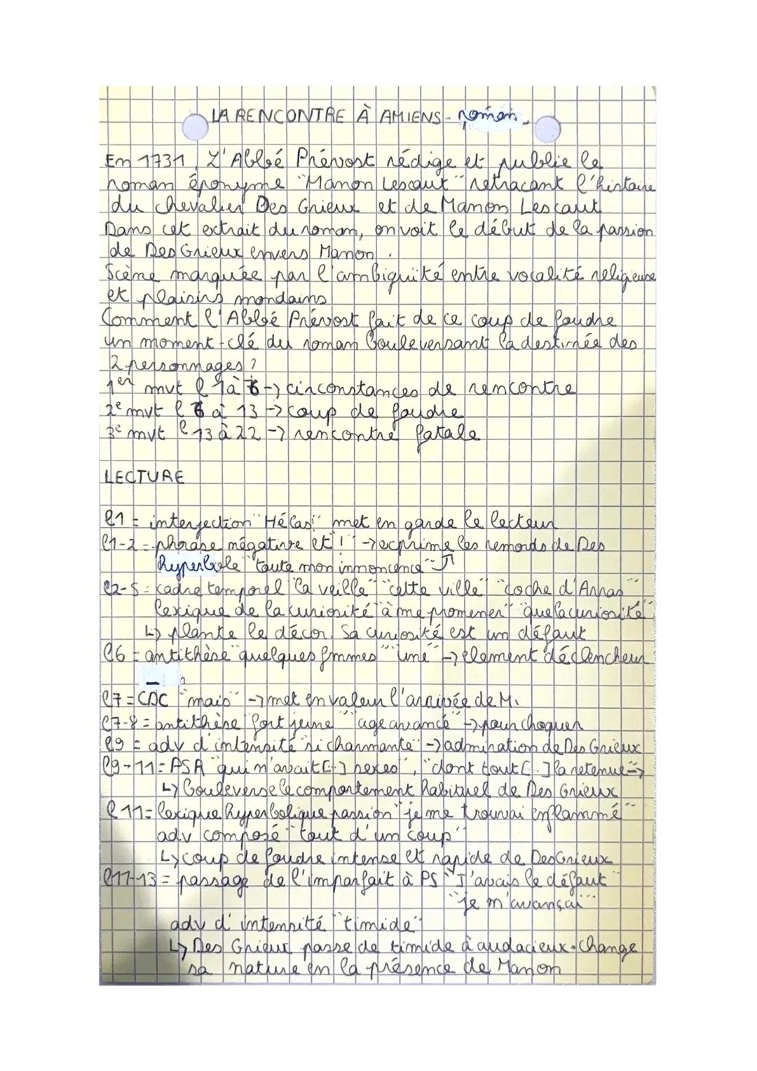 analyse linéaire “la rencontre a amiens” manon lescaut