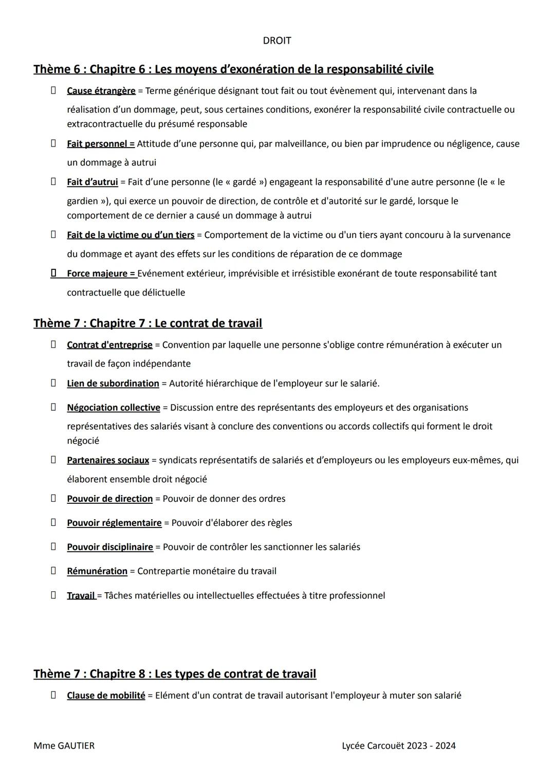 DROIT
NOTIONS A RETENIR
THEME 5: Chapitre 1 : La formation du contrat
Contrat = Accord de volontés entre deux ou plusieurs personnes, destin