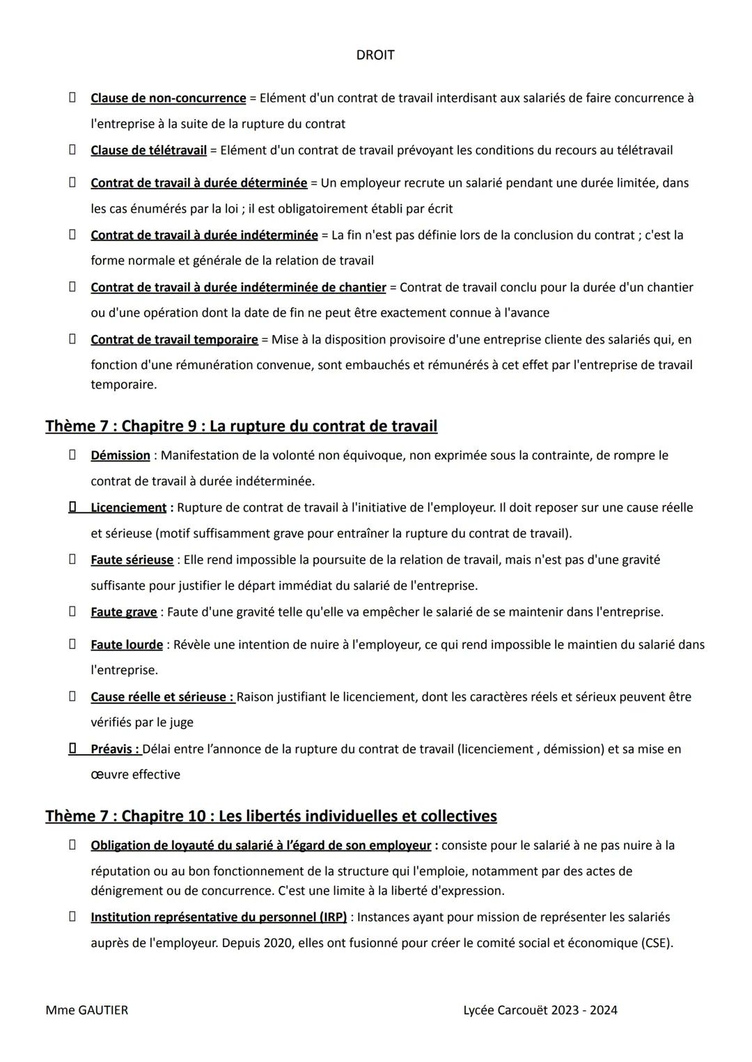 DROIT
NOTIONS A RETENIR
THEME 5: Chapitre 1 : La formation du contrat
Contrat = Accord de volontés entre deux ou plusieurs personnes, destin