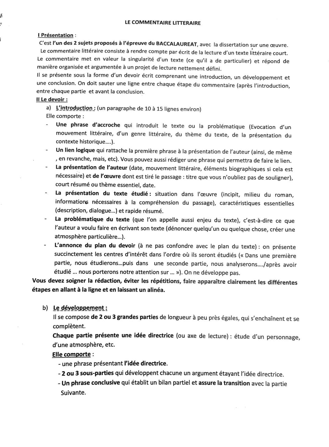 LE COMMENTAIRE LITTERAIRE
I Présentation:
C'est l'un des 2 sujets proposés à l'épreuve du BACCALAUREAT, avec la dissertation sur une œuvre.