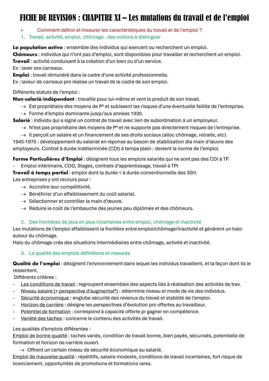 # FICHE DE REVISION : CHAPITRE XI - Les mutations du travail et de l'emploi
1- Comment définir et mesurer les caractéristiques du travail e