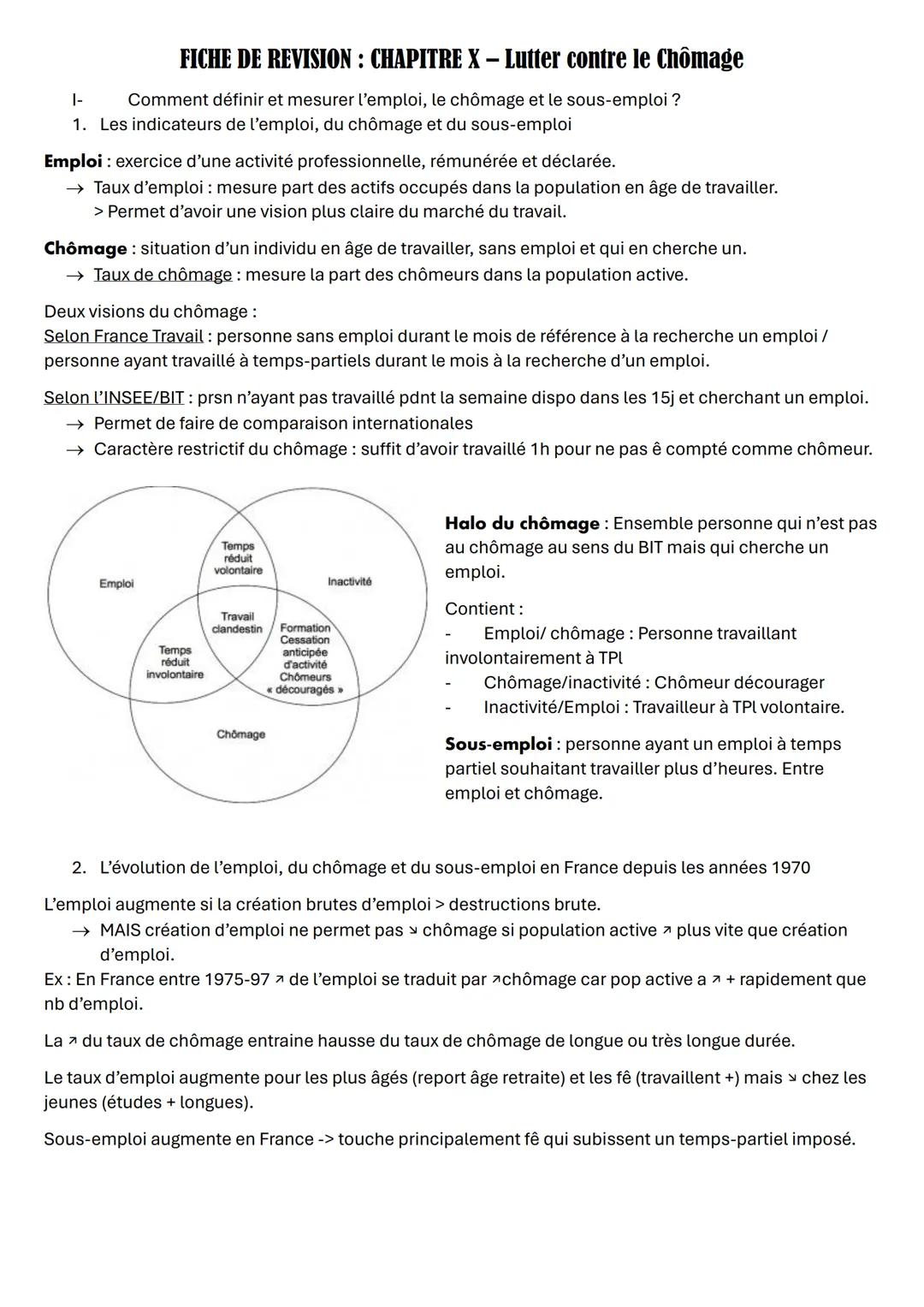|-
FICHE DE REVISION: CHAPITRE X - Lutter contre le Chômage
Comment définir et mesurer l'emploi, le chômage et le sous-emploi ?
1. Les indic