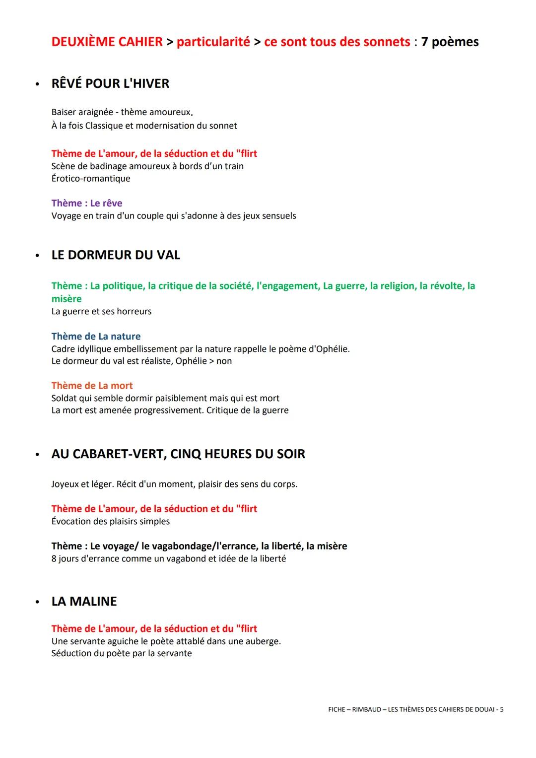 LES THÈMES DES CAHIERS DE DOUAI
PREMIER CAHIER: 15 POÈMES
Grande variété des thèmes abordés et des registres épiques, tragique, pathétique,