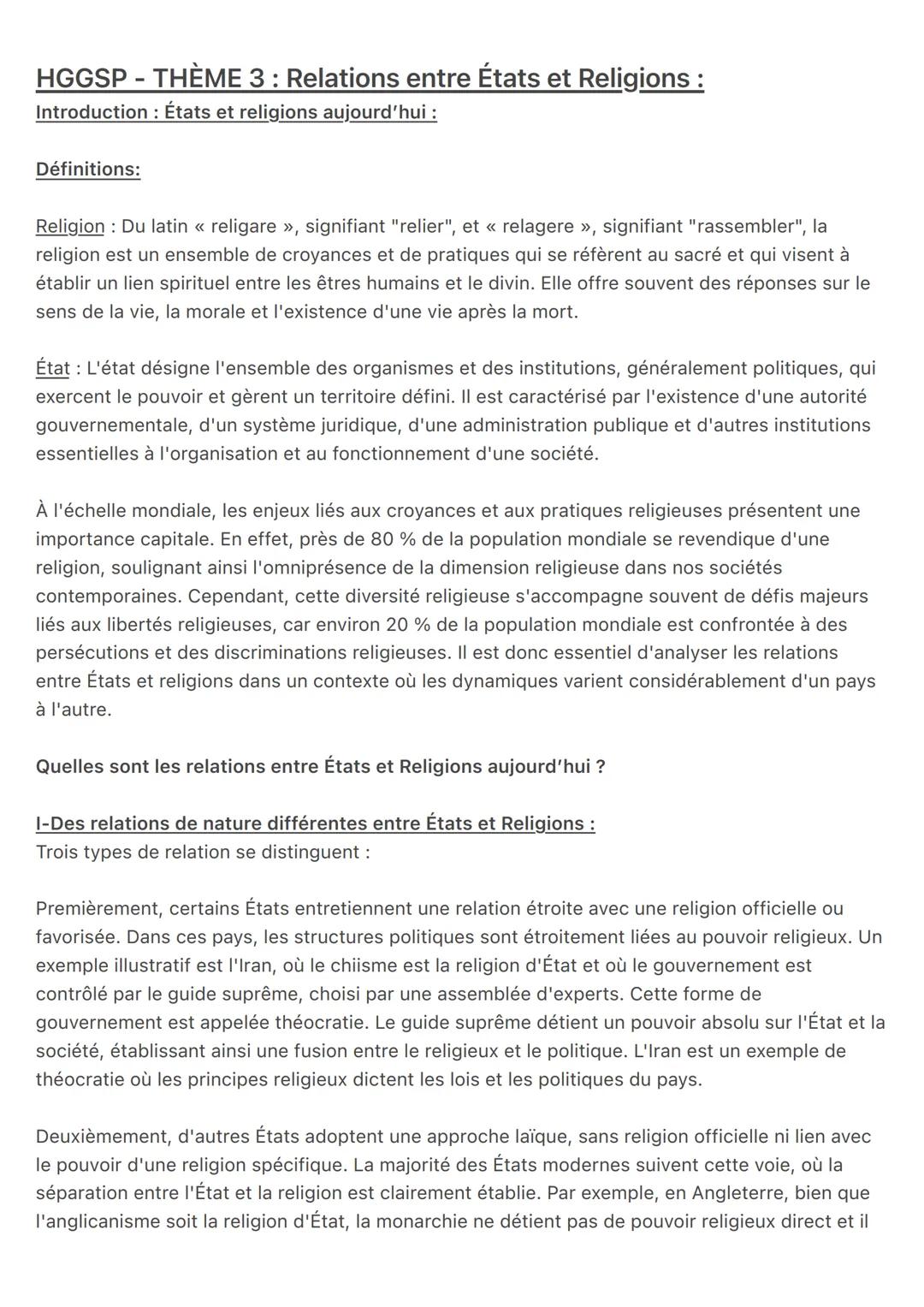 HGGSP - THÈME 3 : Relations entre États et Religions:
Introduction: États et religions aujourd'hui :
Définitions:
Religion: Du latin << reli