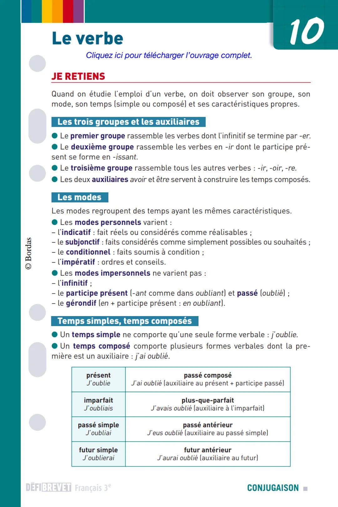 © Bordas
Le verbe
Cliquez ici pour télécharger l'ouvrage complet.
JE RETIENS
10
Quand on étudie l'emploi d'un verbe, on doit observer son gr