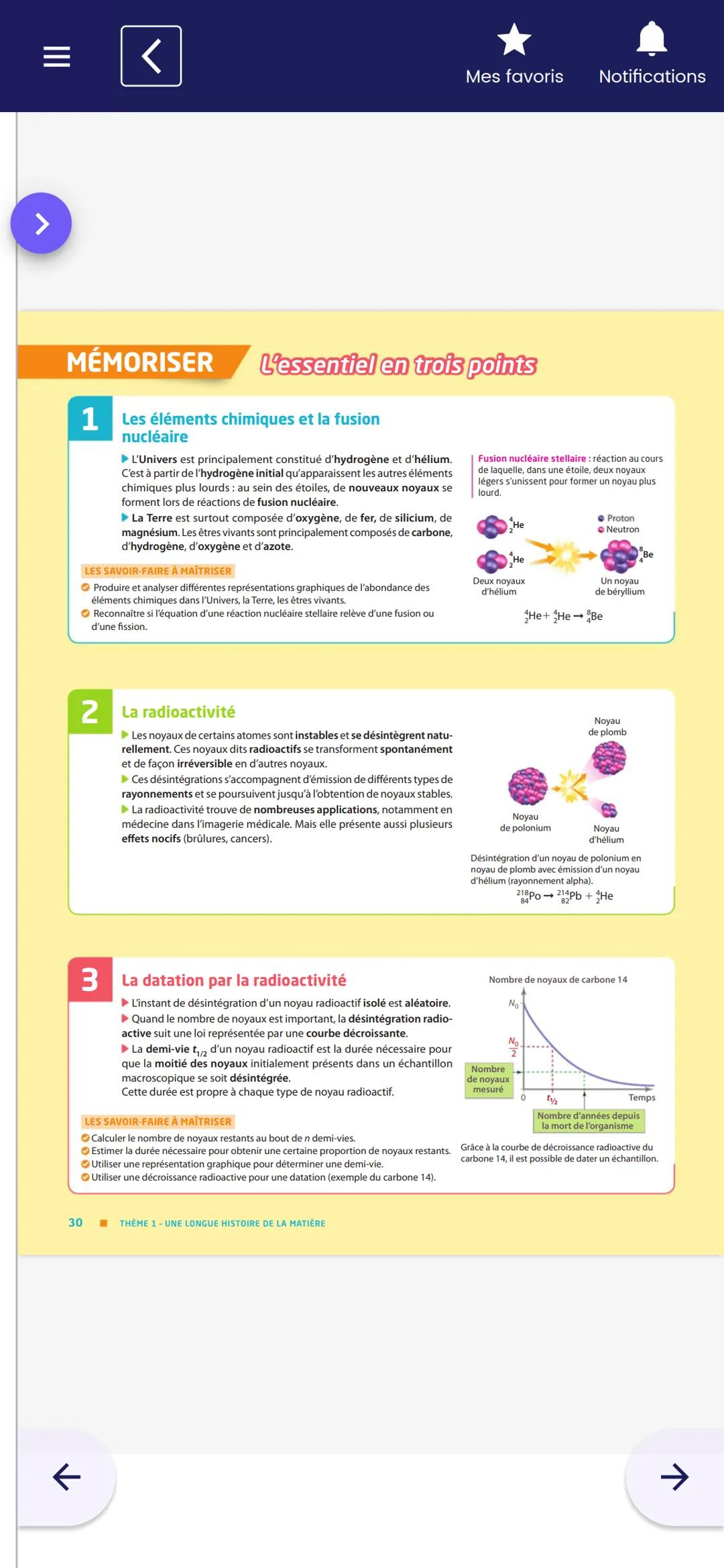 >
<
Mes favoris
Notifications
MÉMORISER
L'essentiel en trois points
1 Les éléments chimiques et la fusion
nucléaire
L'Univers est princi