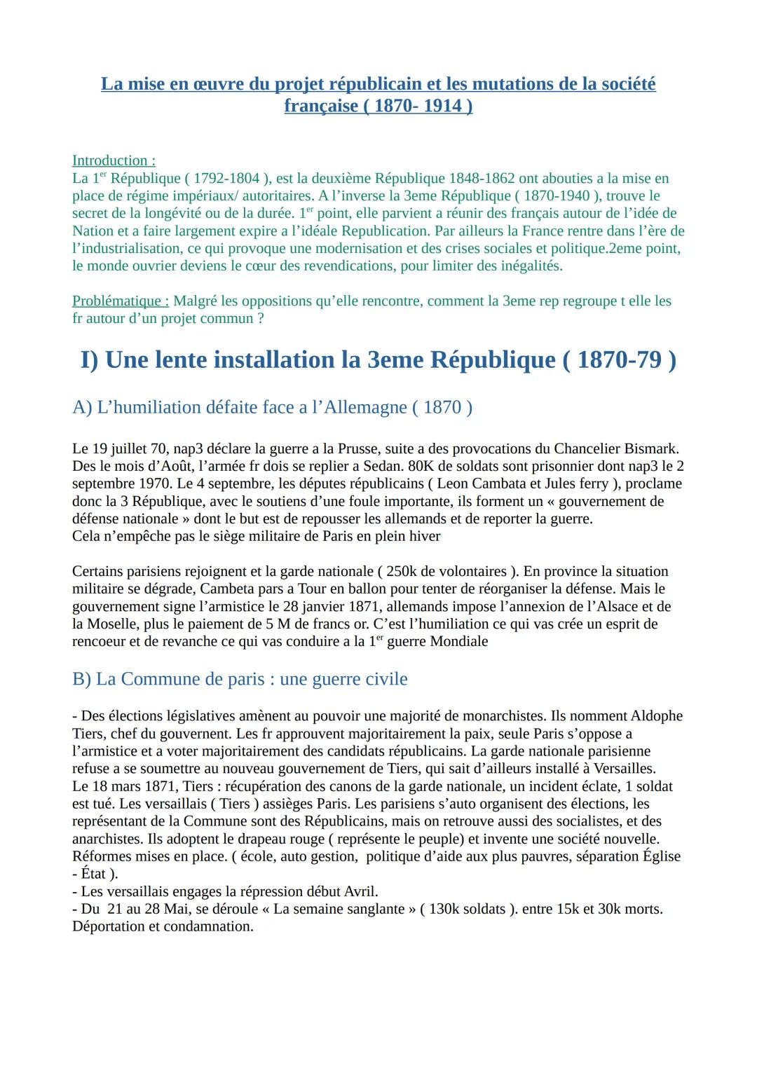 # La mise en œuvre du projet républicain et les mutations de la société
française (1870-1914)
Introduction:
La 1ª République (1792-1804), e