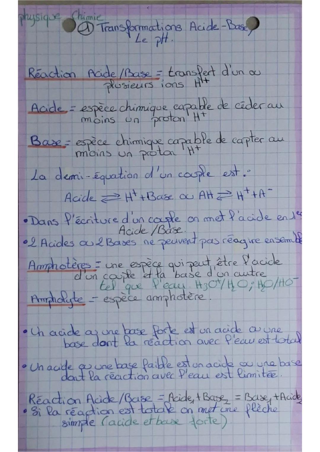 Transformation acide/base, le ph