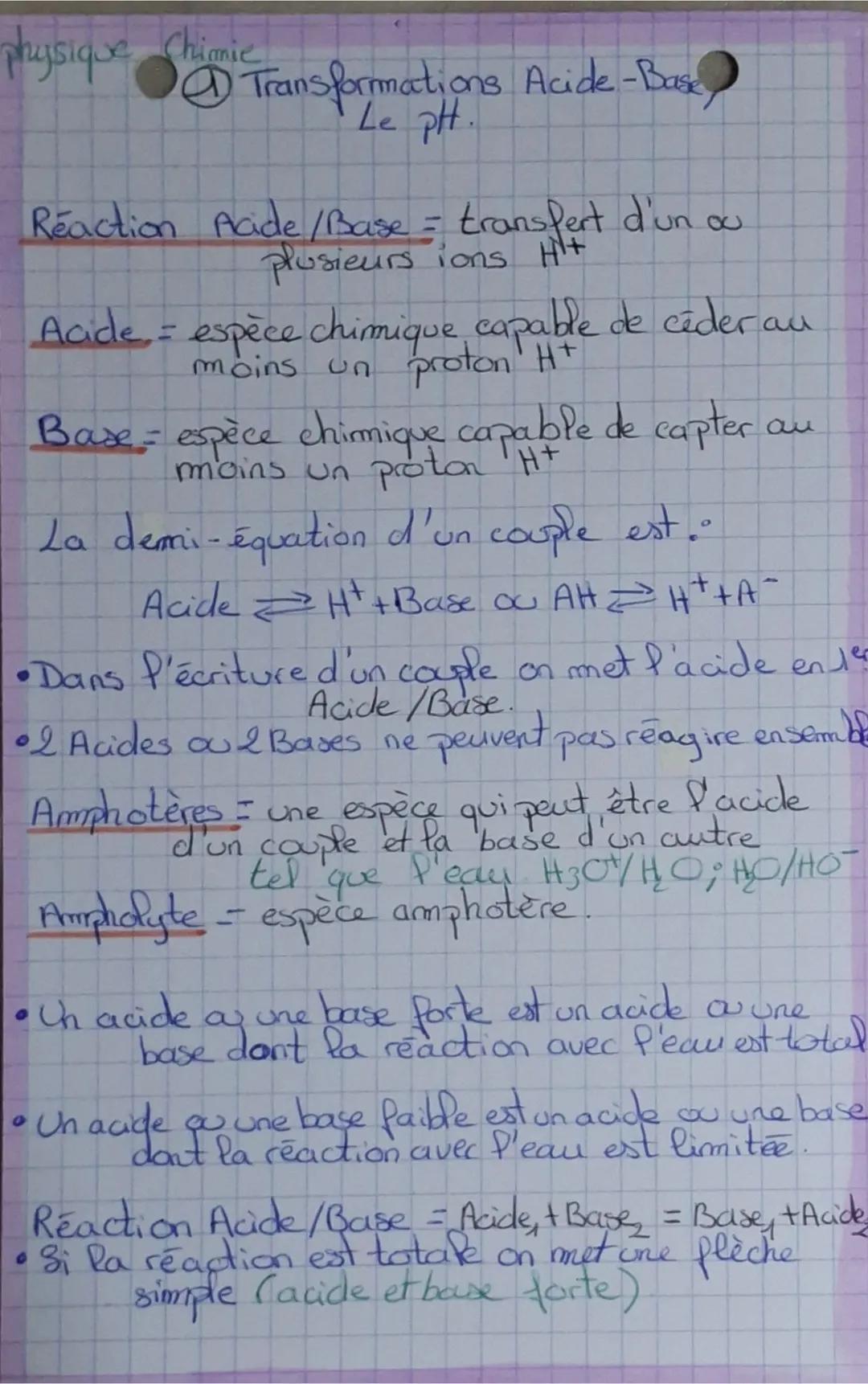 physique Chimie
•
④Transformations Acide-Base
Le pH
Reaction Acide/Base = transfert d'un ou
plusieurs ions Hi+
Acide = espèce chimique capab