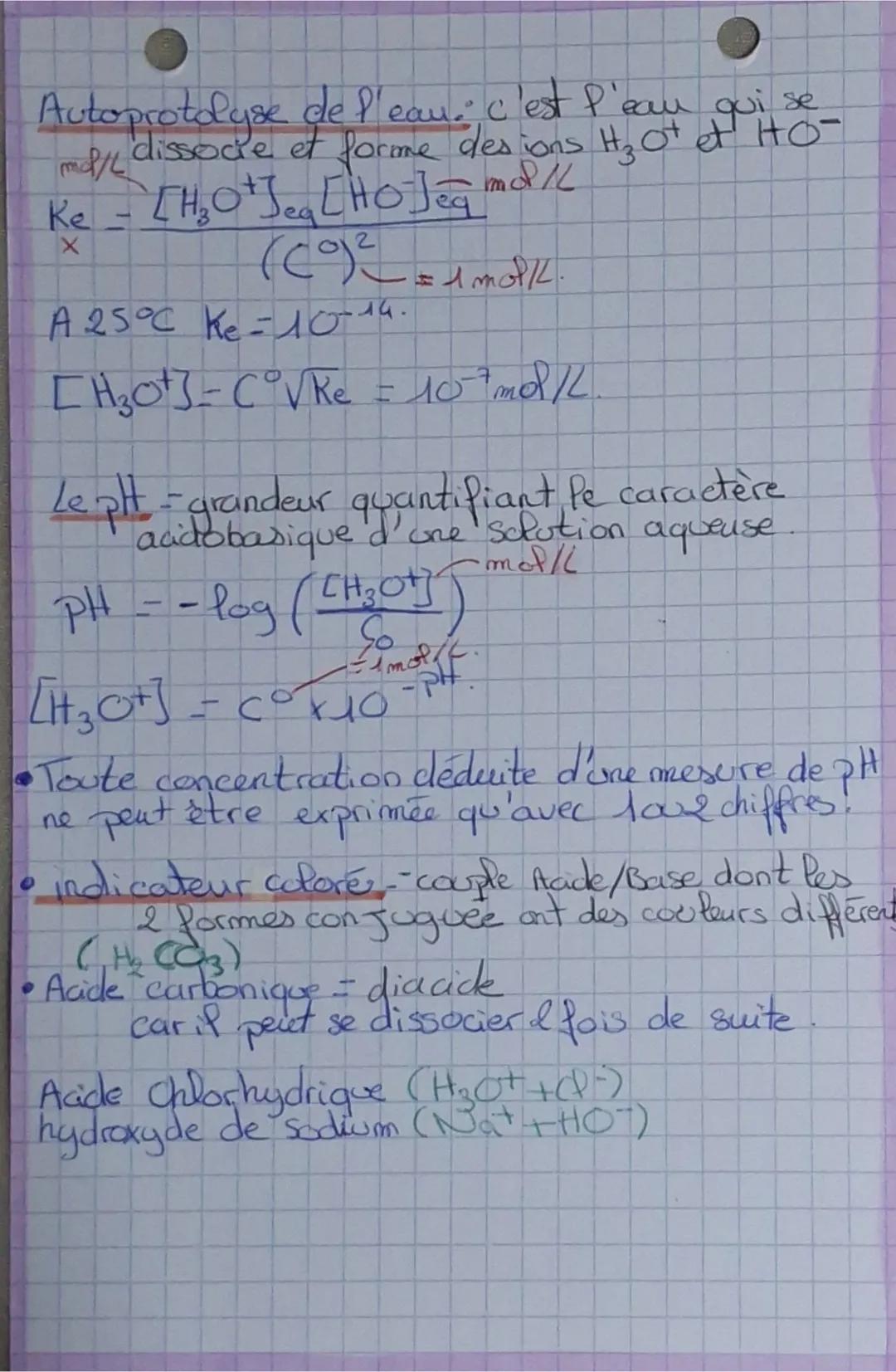 physique Chimie
•
④Transformations Acide-Base
Le pH
Reaction Acide/Base = transfert d'un ou
plusieurs ions Hi+
Acide = espèce chimique capab
