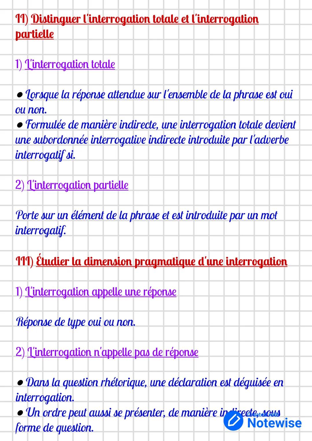 Français
L'interrogation
1) Distinguer l'interrogation directe et l'interrogation
indirecte
1) Interrogation directe
Phrase se terminant