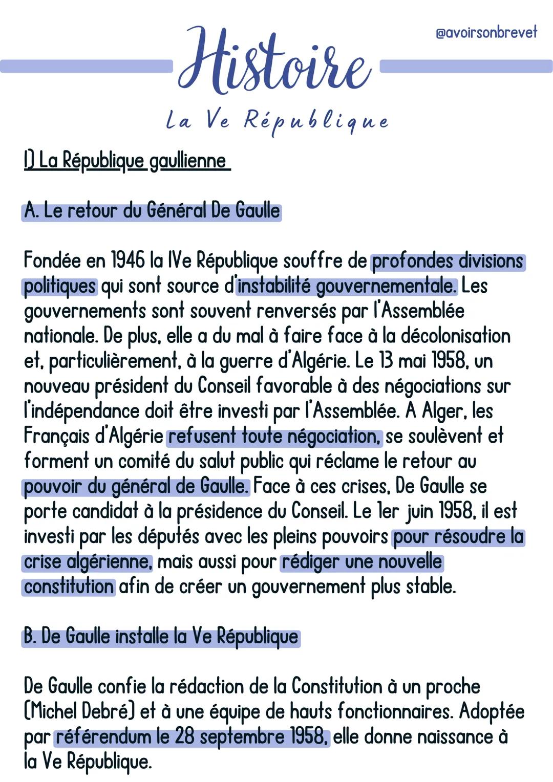 Histoire
La Ve République
La République gaullienne
A. Le retour du Général De Gaulle
@avoirsonbrevet
Fondée en 1946 la IVe République souffr