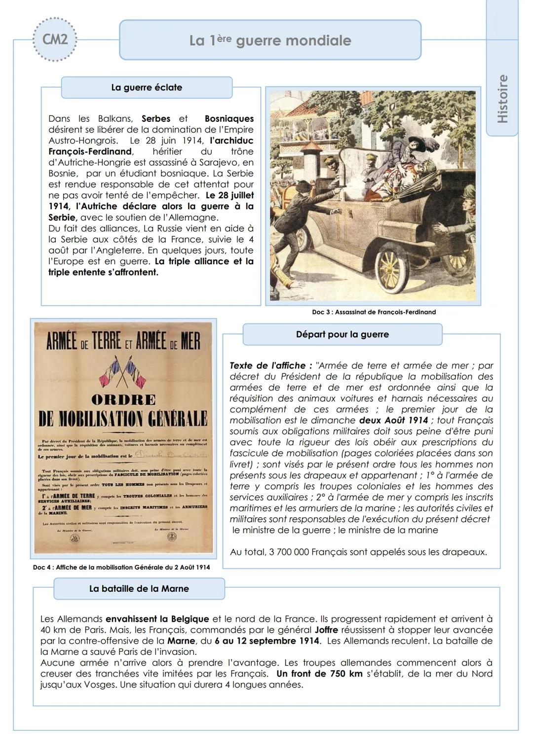 CM2
La 1ère guerre mondiale
Une Europe divisée
Les Européens, en ce début de Siècle sont divisés.
Deux blocs s'opposent: D'un côté, la tripl