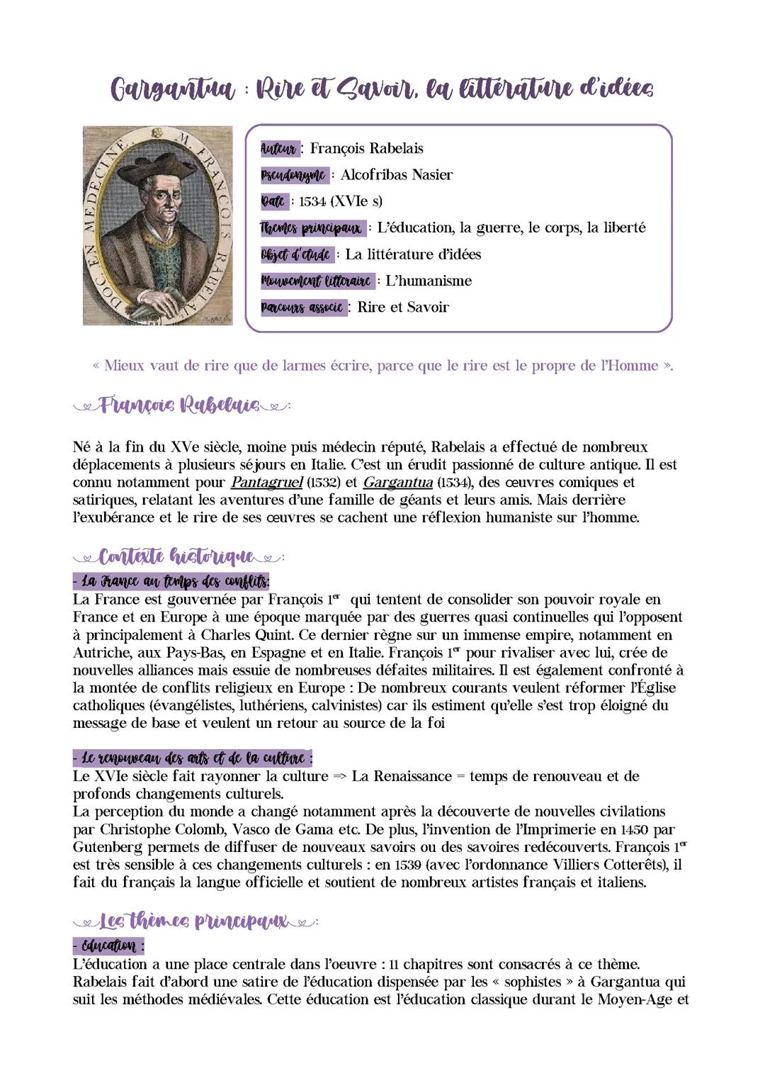 FICHE DE REVISION POUR LA DISSERTATION SUR GARGANTUA