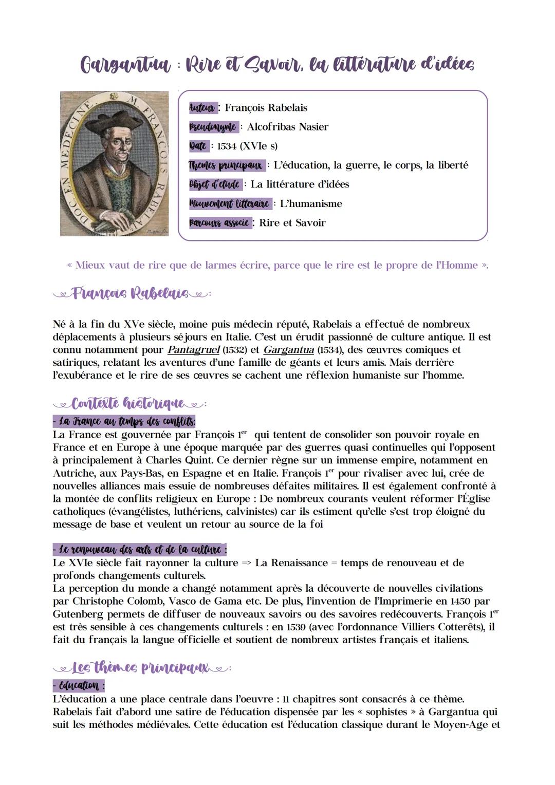 Gargantua Rire et Savoir, la littérature d'idées
:
MEDECINE
DOC. E
M. FRANCOIS
RABELA
Auteur François Rabelais
Pseudonyme Alcofribas Nasier
