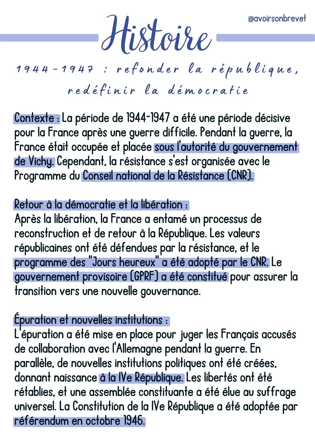 Histoire
@avoirsonbrevet
1944-1947: refonder la république,
redéfinir la démocratie
Contexte : La période de 1944-1947 a été une période déc