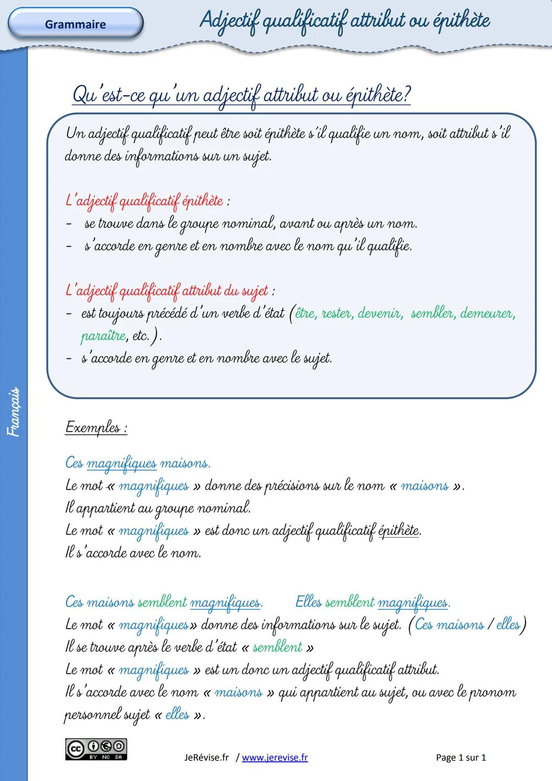 Français
Grammaire
Adjectif qualificatif attribut ou épithète
Qu'est-ce qu'un adjectif attribut ou épithète?
Un adjectif qualificatif peut ê