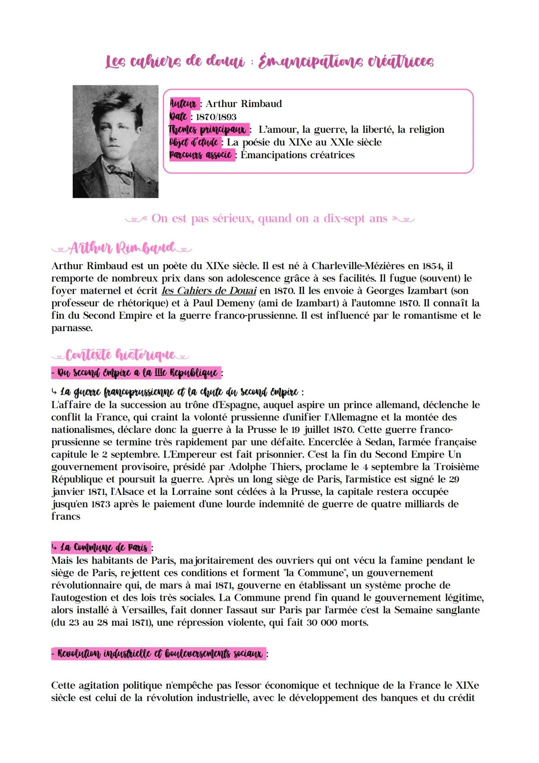# Les cahiers de douai: Emancipations créatrices
### Auteur: Arthur Rimbaud
### Date: 1870/1893
### Themes principaux: L'amour, la guerre,