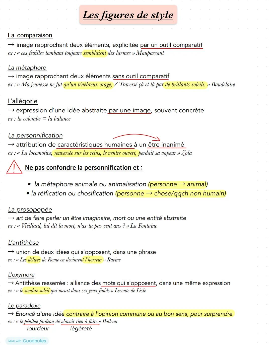Made with Goodnotes
FRANÇAIS 1re Les figures de style
La comparaison
→ image rapprochant deux éléments, explicitée par un outil comparatif
e