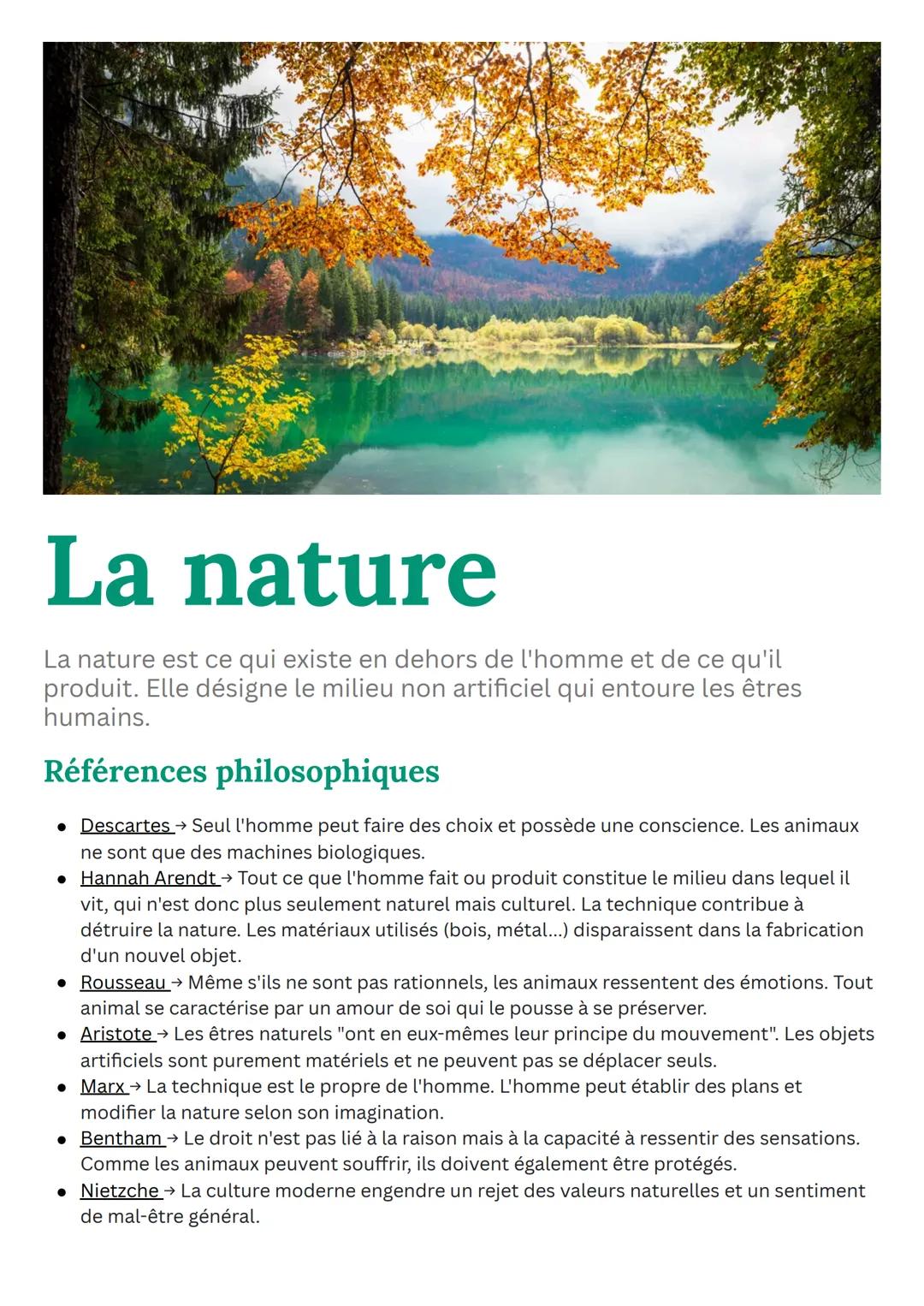 # La nature
La nature est ce qui existe en dehors de l'homme et de ce qu'il
produit. Elle désigne le milieu non artificiel qui entoure les