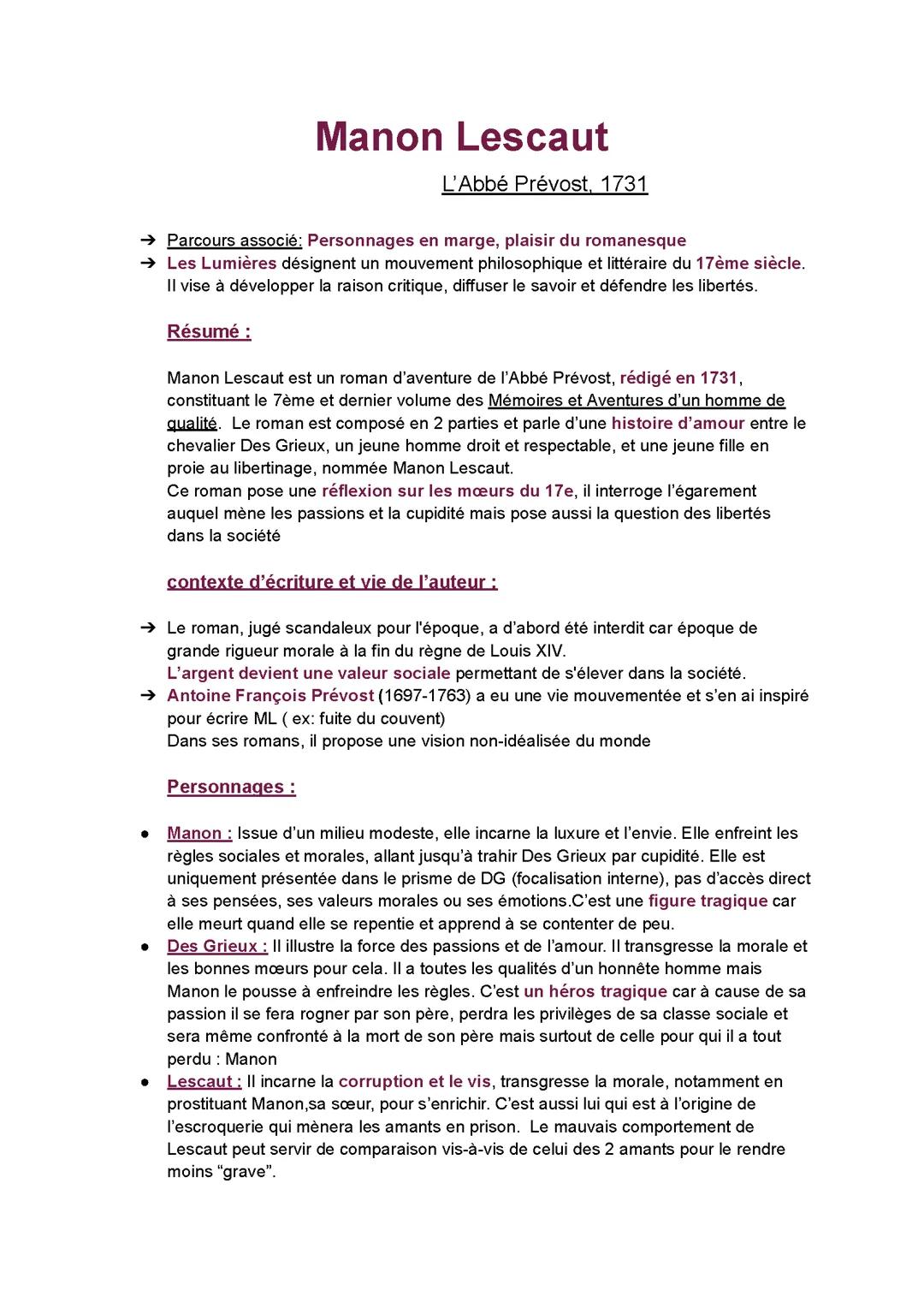 Fiche de révision dissertation Manon Lescaut