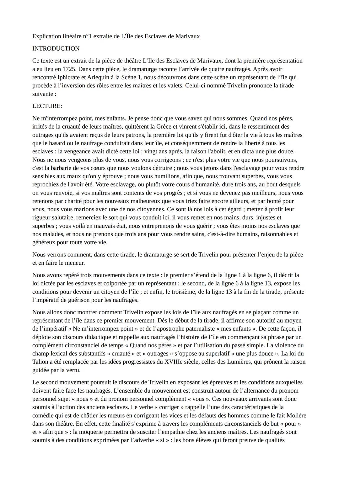 Explication linéaire n°1 extraite de L'Île des Esclaves de Marivaux
INTRODUCTION
Ce texte est un extrait de la pièce de théâtre L'Ile des Es