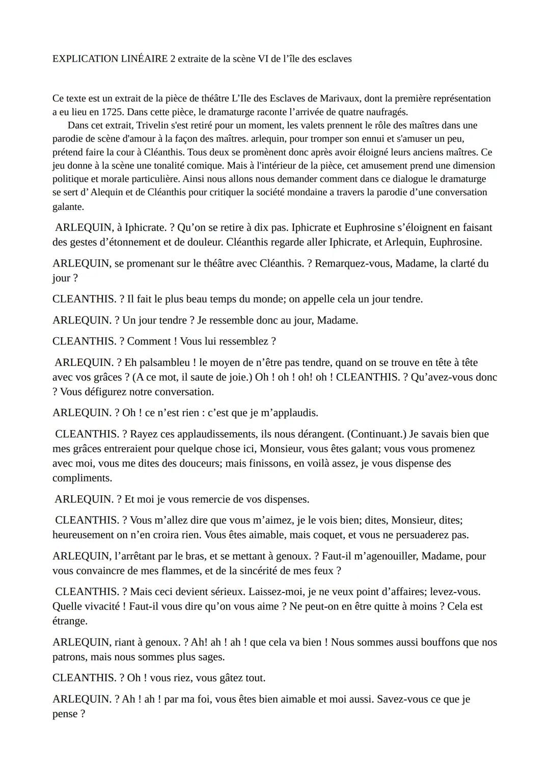 Explication linéaire n°1 extraite de L'Île des Esclaves de Marivaux
INTRODUCTION
Ce texte est un extrait de la pièce de théâtre L'Ile des Es