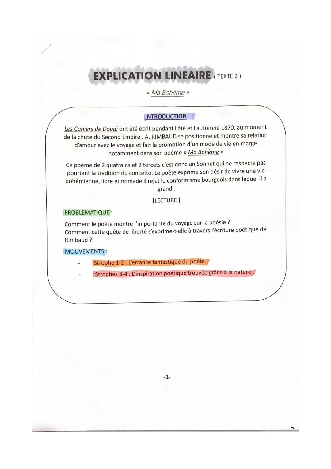 Ma Bohème de A. Rimbaud oral bac de français