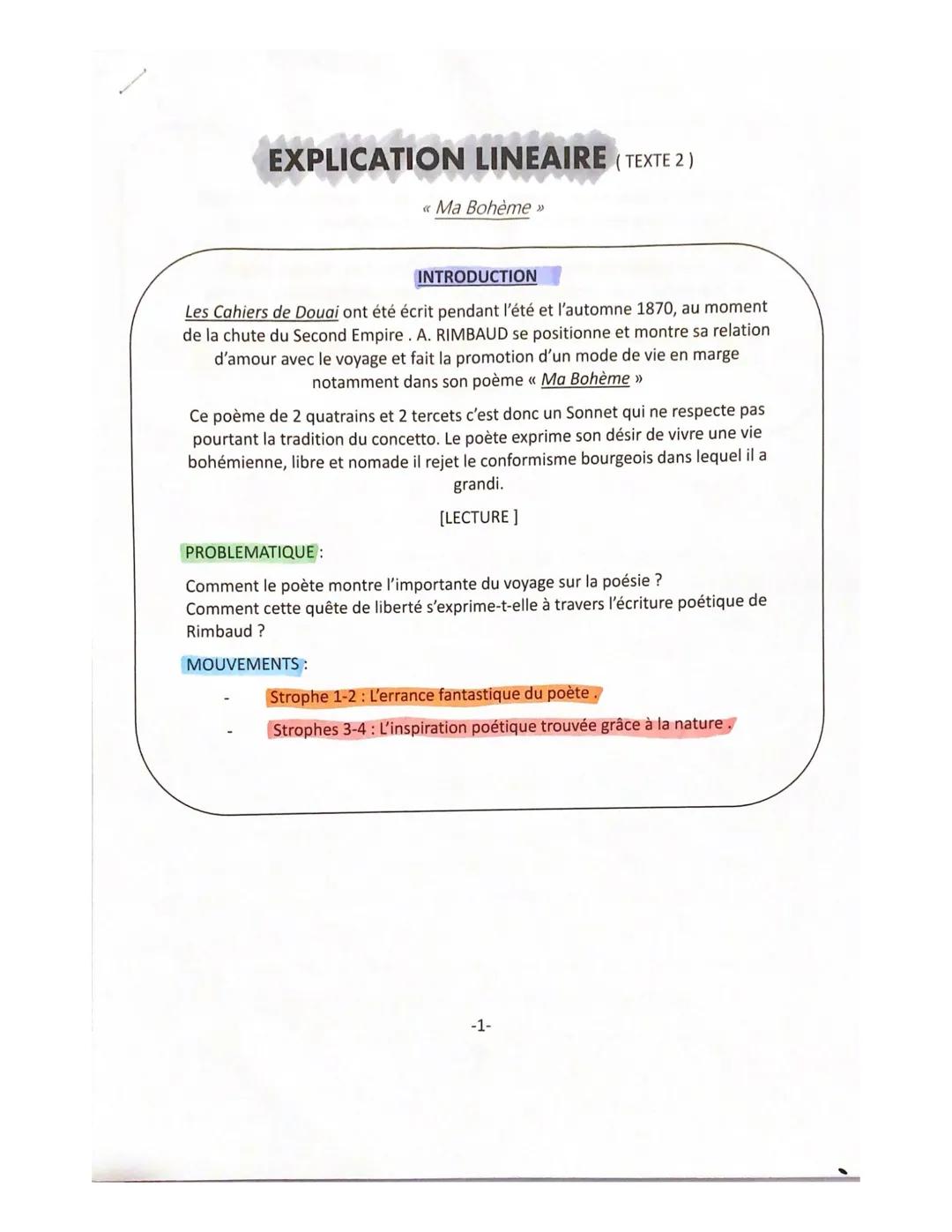 EXPLICATION LINEAIRE (TEXTE 2)
«Ma Bohème >>
INTRODUCTION
Les Cahiers de Douai ont été écrit pendant l'été et l'automne 1870, au moment
de l